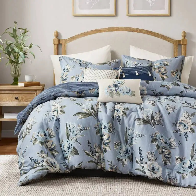 7-Piece Queen Size Vintage Floral Comforter Set in Blue showcasing the elegant design and cotton-polyester blend fabric, perfect for your bedroom decor.