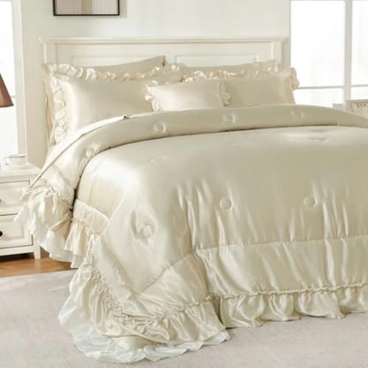Full bedroom setup featuring the Beige Satin Ruffle Comforter Set styled with neutral decor for a cozy, modern glam look.