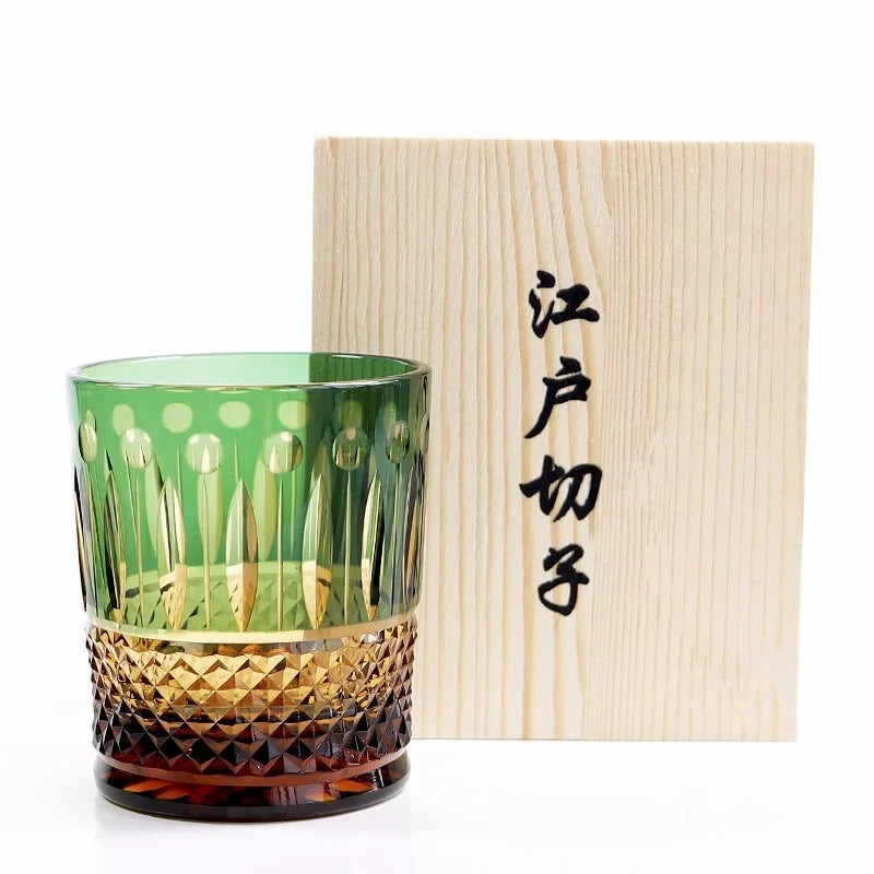 Elegant Premium Hand-Cut Whiskey Glass – Lead-Free Crystal Edo Kiriko Tumbler, featuring intricate cuts and a vibrant two-tone design.