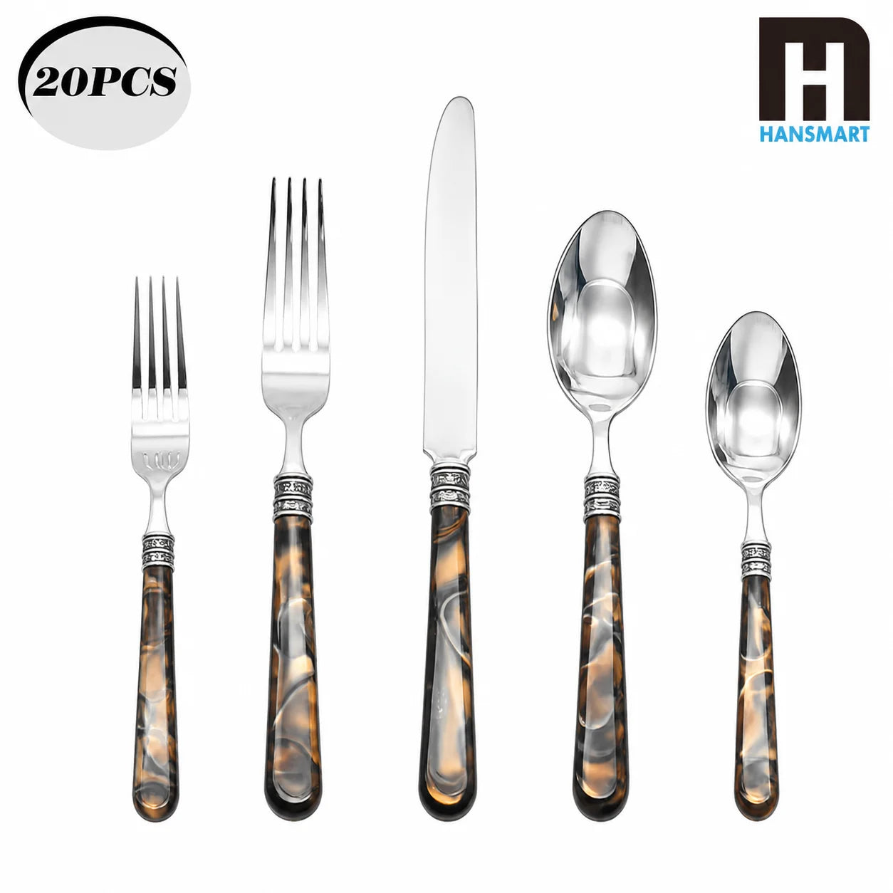 20-Piece Tortoise Shell Stainless Steel Flatware Set showing warm brown tortoise shell flatware handles