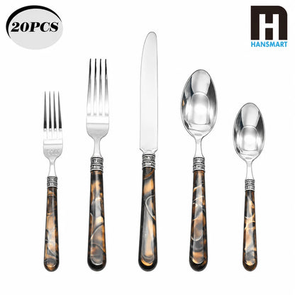 20-Piece Tortoise Shell Stainless Steel Flatware Set showing warm brown tortoise shell flatware handles