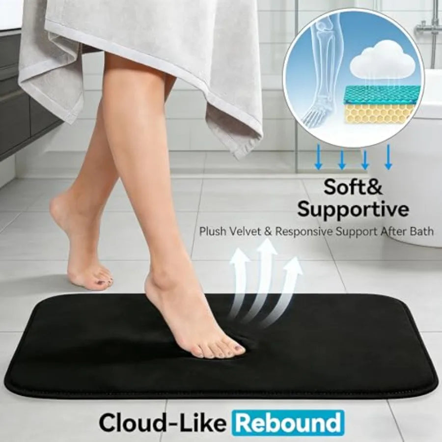 Multiple views of the Black Non-Slip Memory Foam Bathroom Rug Set, displaying its elegant design and versatile shapes.