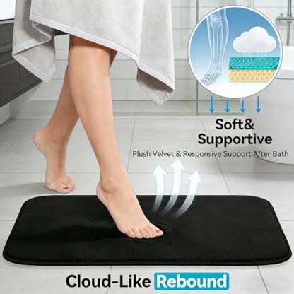Multiple views of the Black Non-Slip Memory Foam Bathroom Rug Set, displaying its elegant design and versatile shapes.
