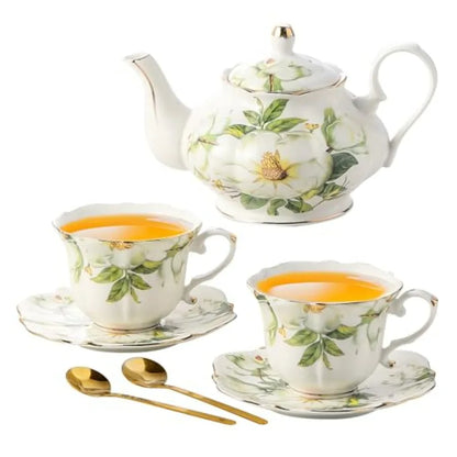 Complete Vintage Blue Floral Bone China Tea Set including teapot, cups, and saucers for hosting.