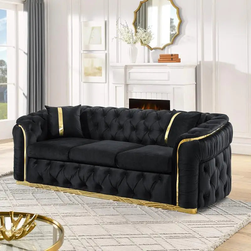 Luxury Black Velvet Button Tufted Sofa w/Gold Stainless Steel Accents