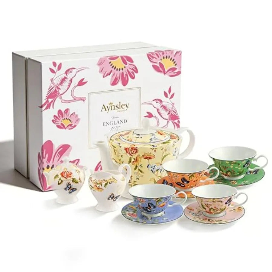 Aynsley Fine Bone China Tea Set beautifully staged on a shelf, showcasing both aesthetics and elegance.