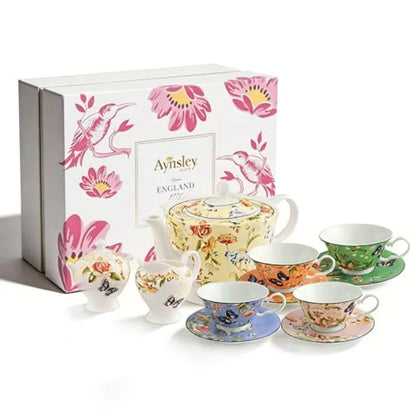 Aynsley Fine Bone China Tea Set beautifully staged on a shelf, showcasing both aesthetics and elegance.
