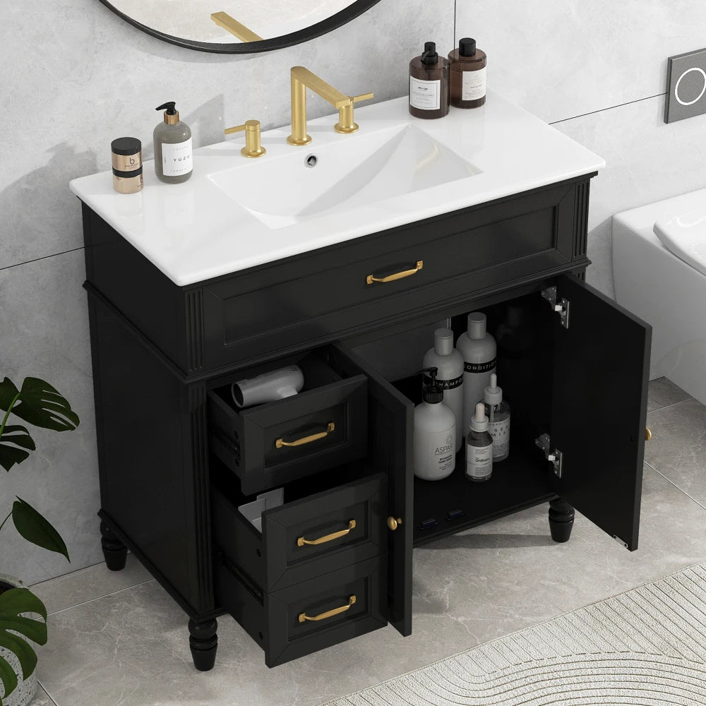 Freestanding 36" Black  Bathroom Vanity w/Retro Gold Handles & Ceramic Sink