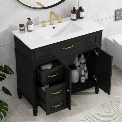 Freestanding 36" Black  Bathroom Vanity w/Retro Gold Handles & Ceramic Sink