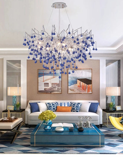 Luxury Chrome Branch  &  Silver Blue Crystal Ceiling Chandelier