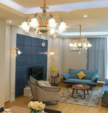 Frosted White Glass Tiffany Blue Floral Chandelier