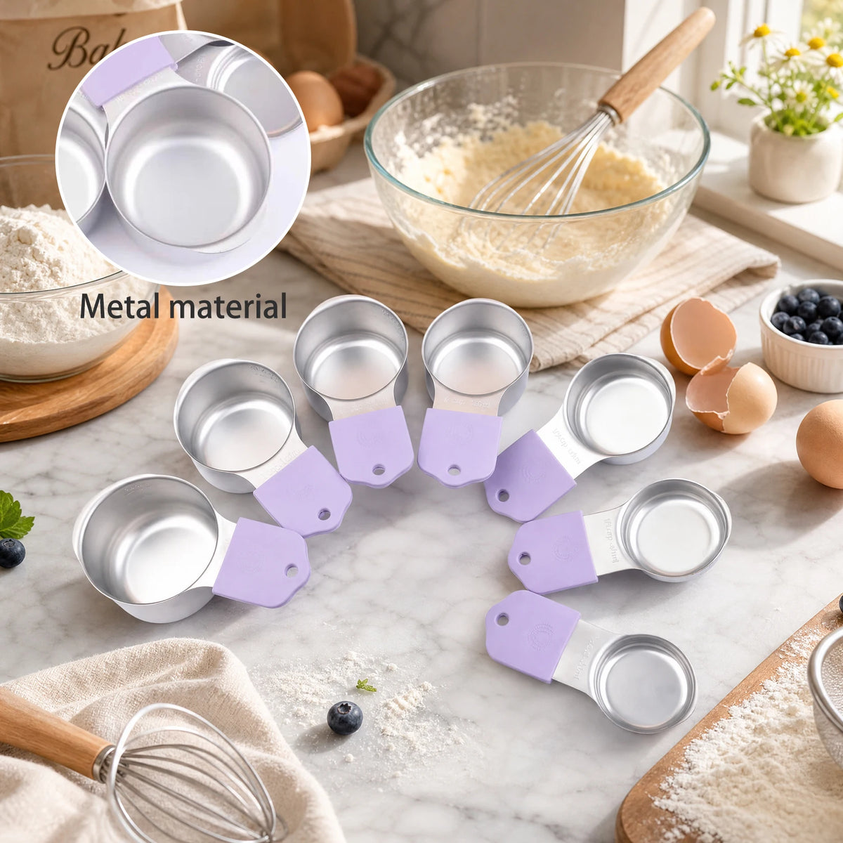 16-Piece Magnetic Measuring Cups and Spoons Set, 304 Stainless Steel with Purple Silicone Handles with magnetic measuring cups and spoons