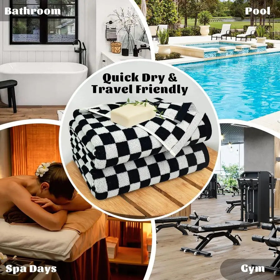Luxurious Ultra Soft Black and White Checkered Cotton Bath Towel Set of 2