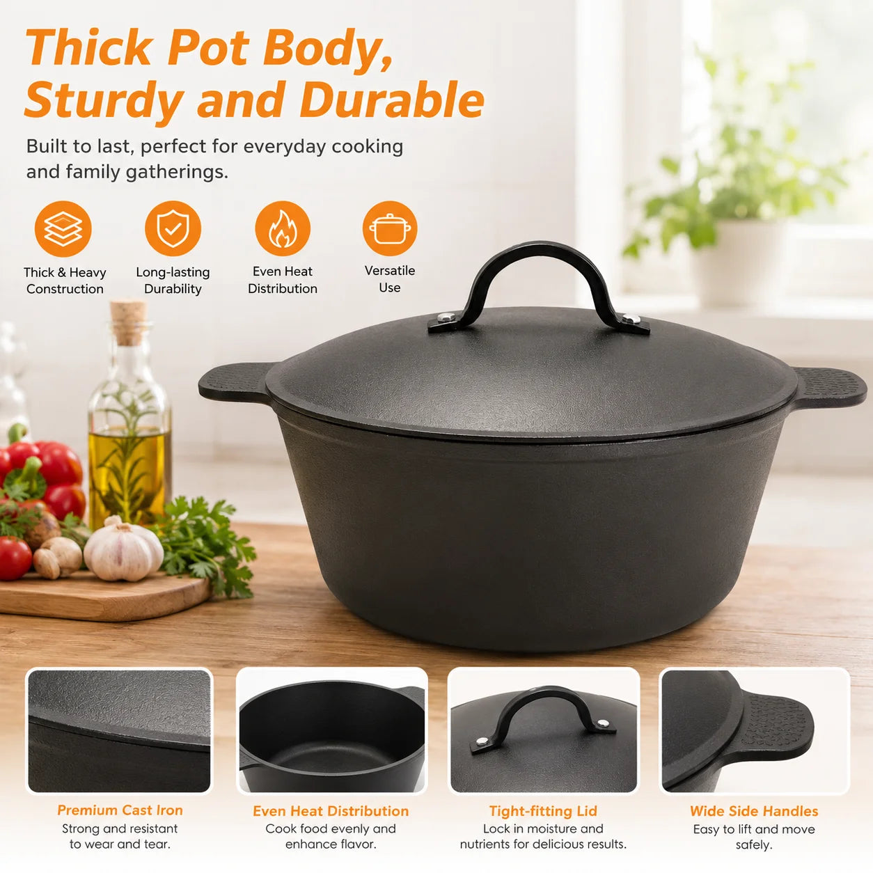 Bird's eye view of the 5.2 QT Pre-Seasoned Cast Iron Dutch Oven featuring its honeycomb-textured bottom.