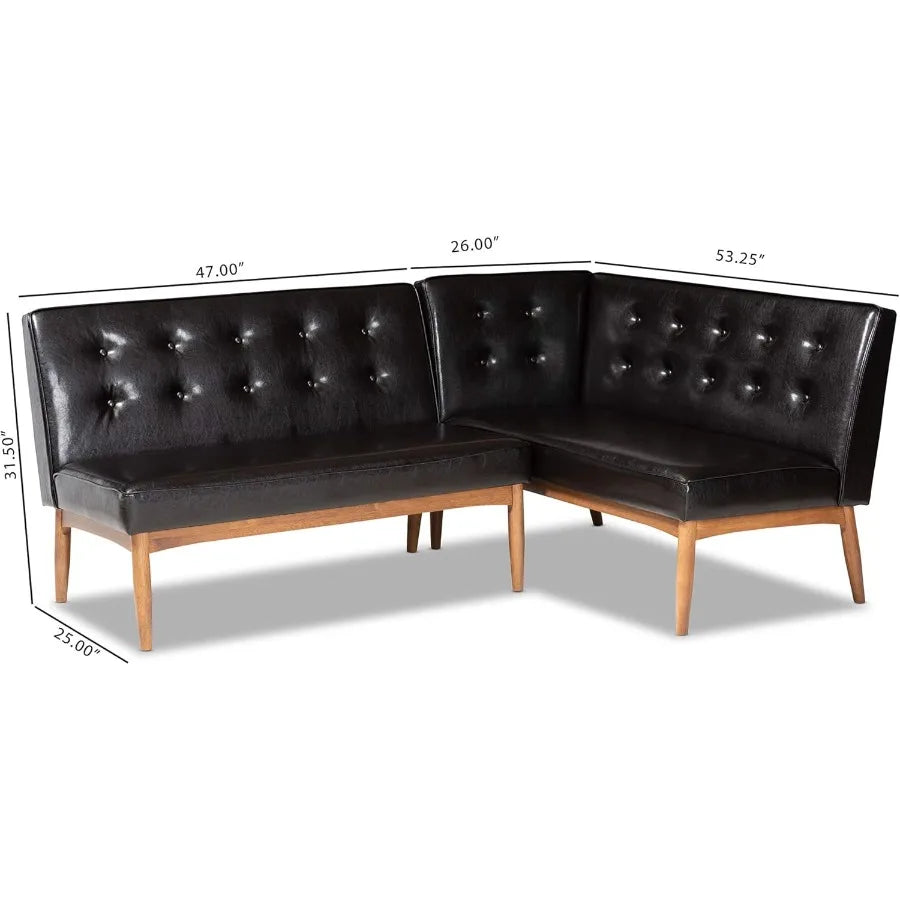 Close-up view of the plush seat cushions of the Mid-Century Modern 2-Piece Dark Brown Wood Dining Corner Sofa Bench, showcasing comfort and elegance, perfect for adding a mid-century modern bench to your home.