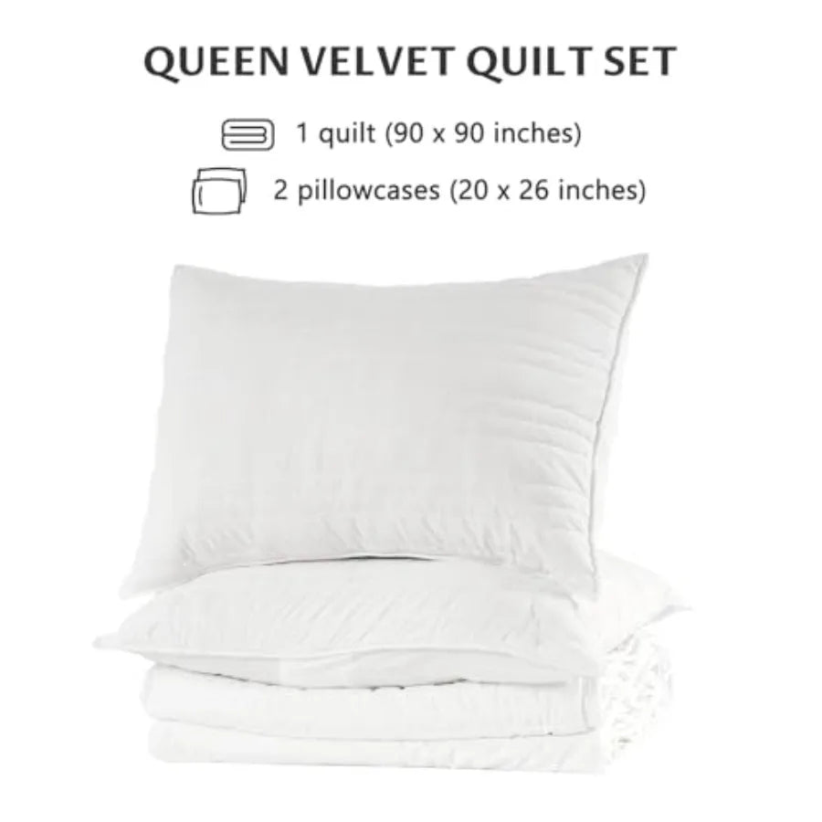 Elegant & Ultra-soft Queen Size 3-Piece White Velvet Quilt Set folded neatly, emphasizing its luxury and inviting softness.