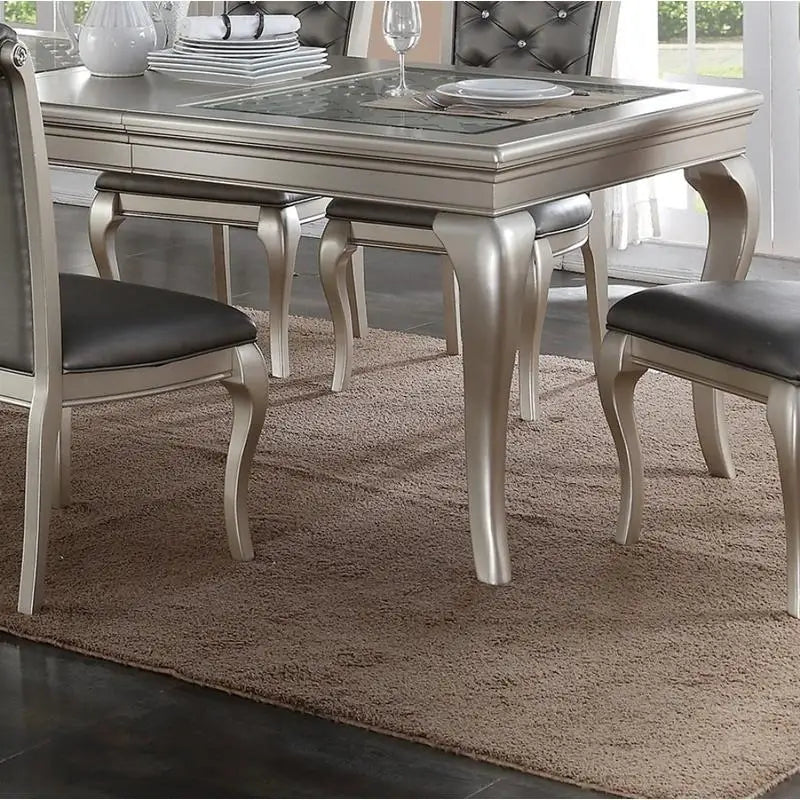 Italian Inspired 7-Piece Silver Glass Tabletop Dining Table Set w/ 6 Tufted Side Chairs 