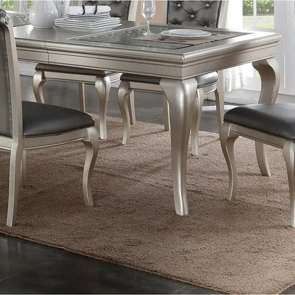 Italian Inspired 7-Piece Silver Glass Tabletop Dining Table Set w/ 6 Tufted Side Chairs 