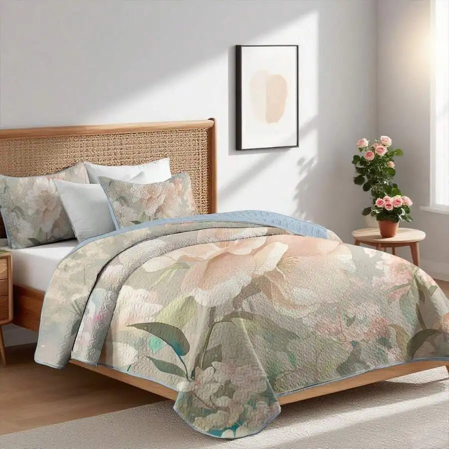 Davulos Plaid Patchwork Quilt Set Queen, 3-Piece Gray Reversible Microfiber Bedspread with Pillow Shams, plaid quilt set on a farmhouse bed