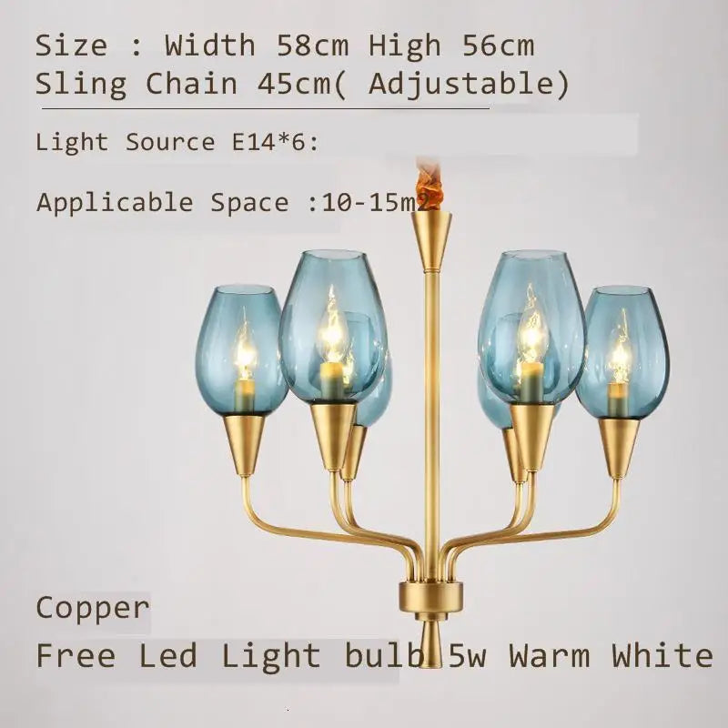 Stunning Modern LED Chandelier in Blue and Matte Brass showcased in an entryway, adding sophistication and warmth to the space.