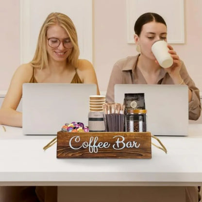 The overall setup of a kitchen displaying the Rustic Farmhouse Coffee Bar Organizer with Dividers, enhancing your coffee station as a farmhouse coffee organizer.