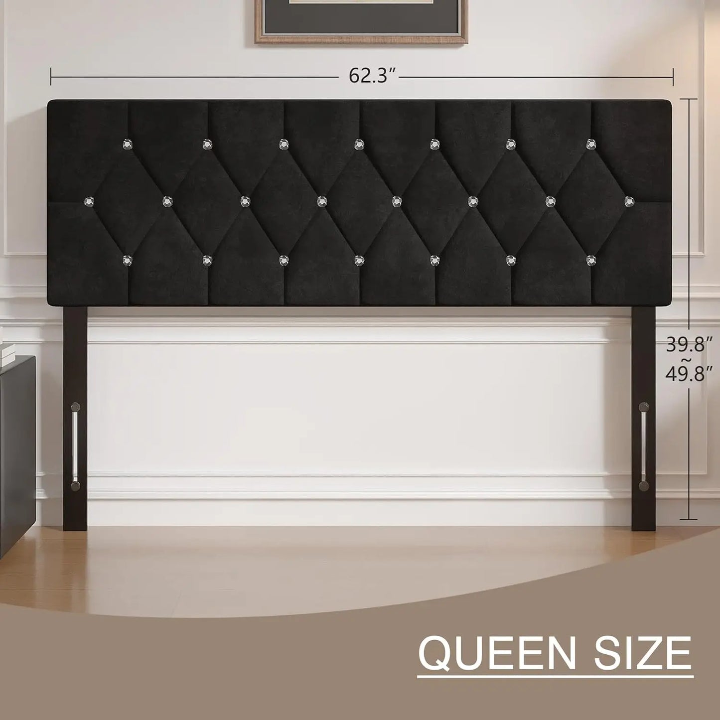 Elegant Queen/King Size Black Velvet Upholstered Headboard w/Diamond Tufting 