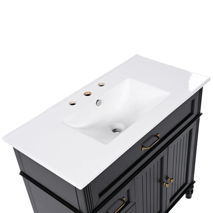 Freestanding 36" Black  Bathroom Vanity w/Retro Gold Handles & Ceramic Sink