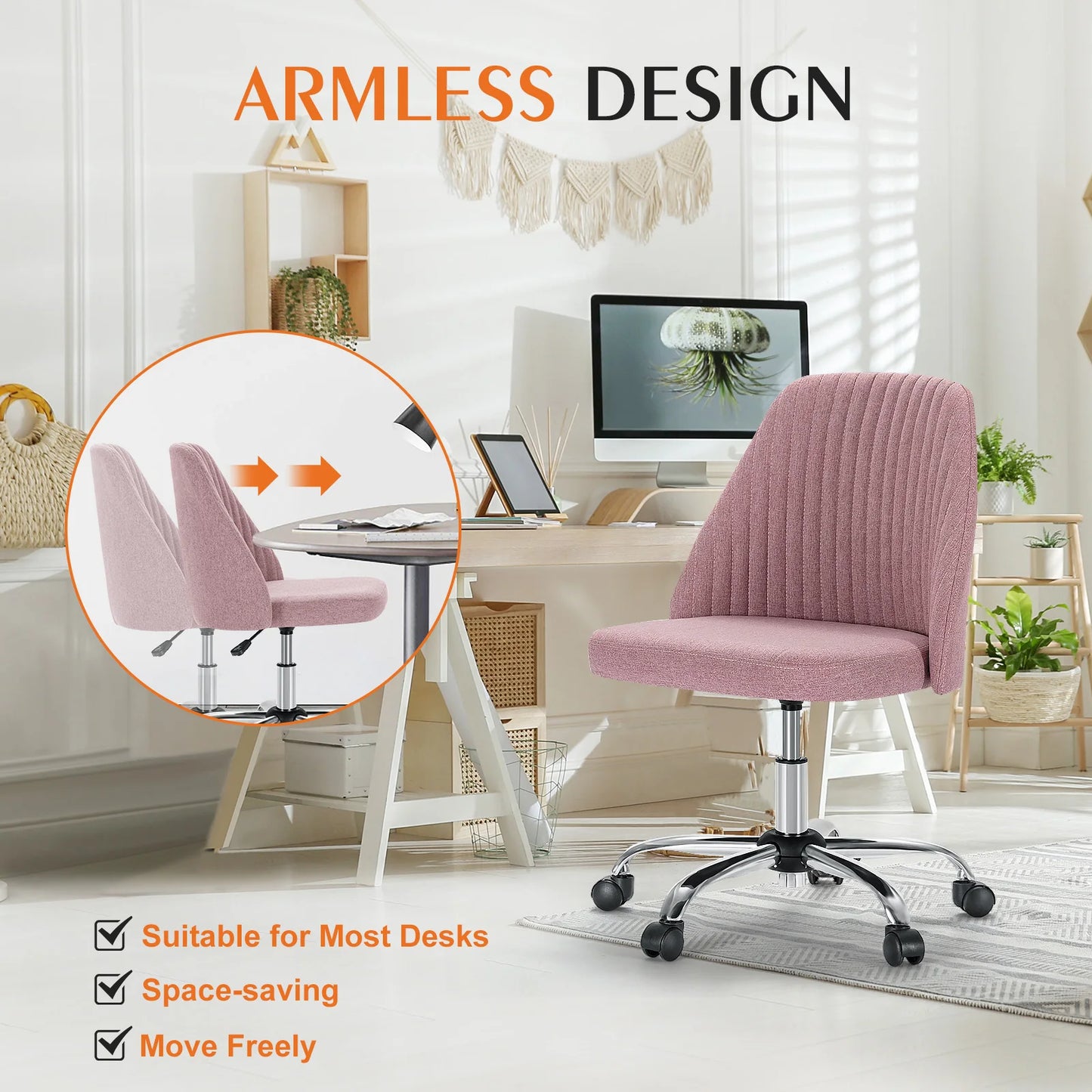 Overall view of the Modern Mid-Back Armless Fabric Office Chair showcasing its contemporary design, an excellent choice as an armless office chair.