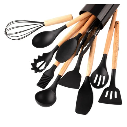 12-Piece Silicone Kitchen Utensil Set with Wooden Handles for Non-Stick Cookware, silicone kitchen utensil set displayed in a kitchen crock
