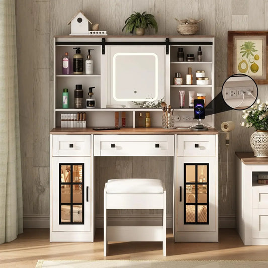 Farmhouse Vanity Makeup Desk w/Stool & Charging Station