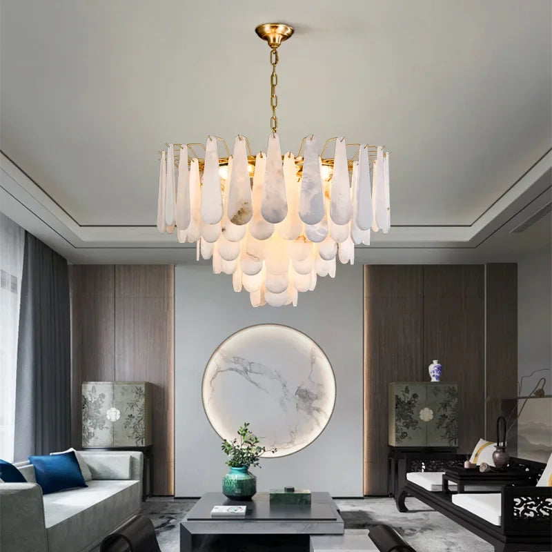 Elegant French-Style Marble Chandelier captured from below, showcasing its luxurious teardrop design as a fantastic french style chandelier.