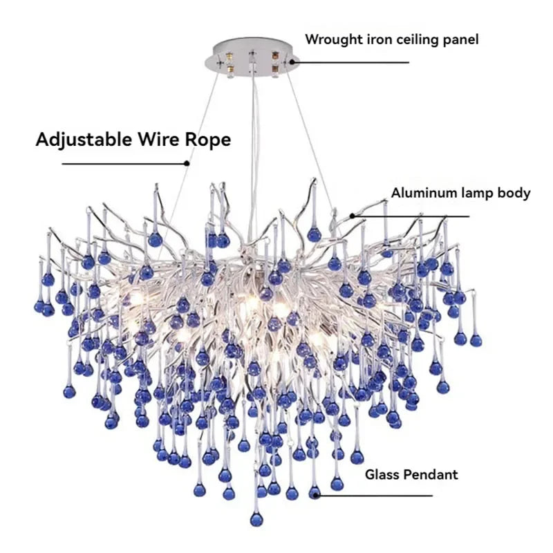 Luxury Chrome Branch  &  Silver Blue Crystal Ceiling Chandelier