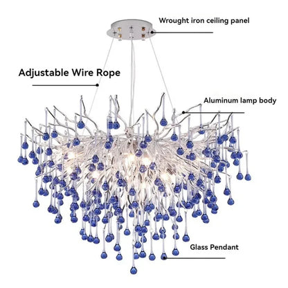 Luxury Chrome Branch  &  Silver Blue Crystal Ceiling Chandelier