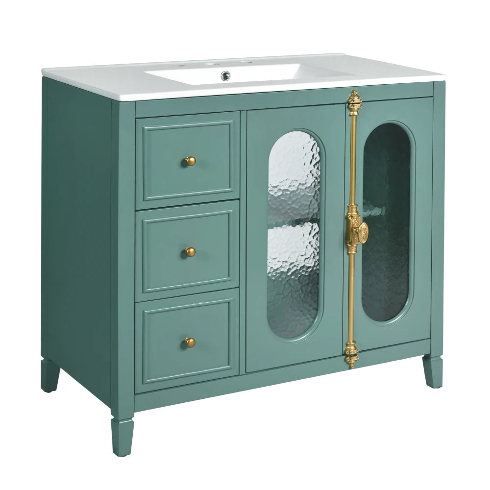 Modern 36" Double Glass Door Bathroom Cabinet w/Undermount Ceramic Sink