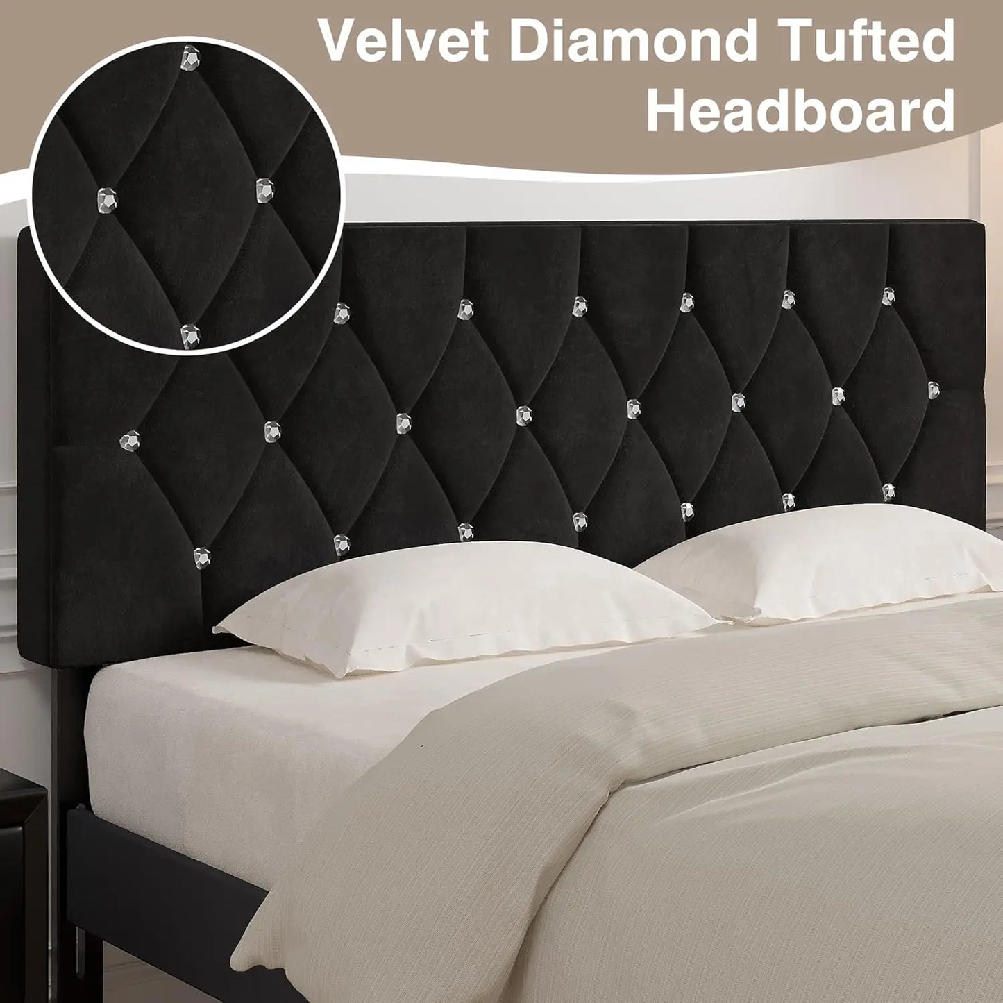 Elegant Queen/King Size Black Velvet Upholstered Headboard w/Diamond Tufting 