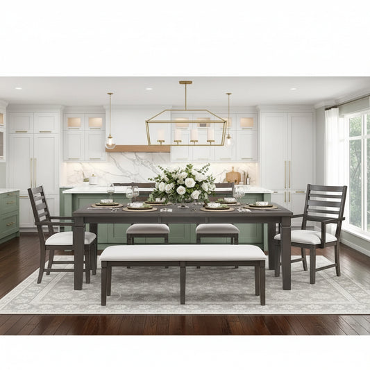 Dining room set with table, chairs, and bench in a well-lit room.