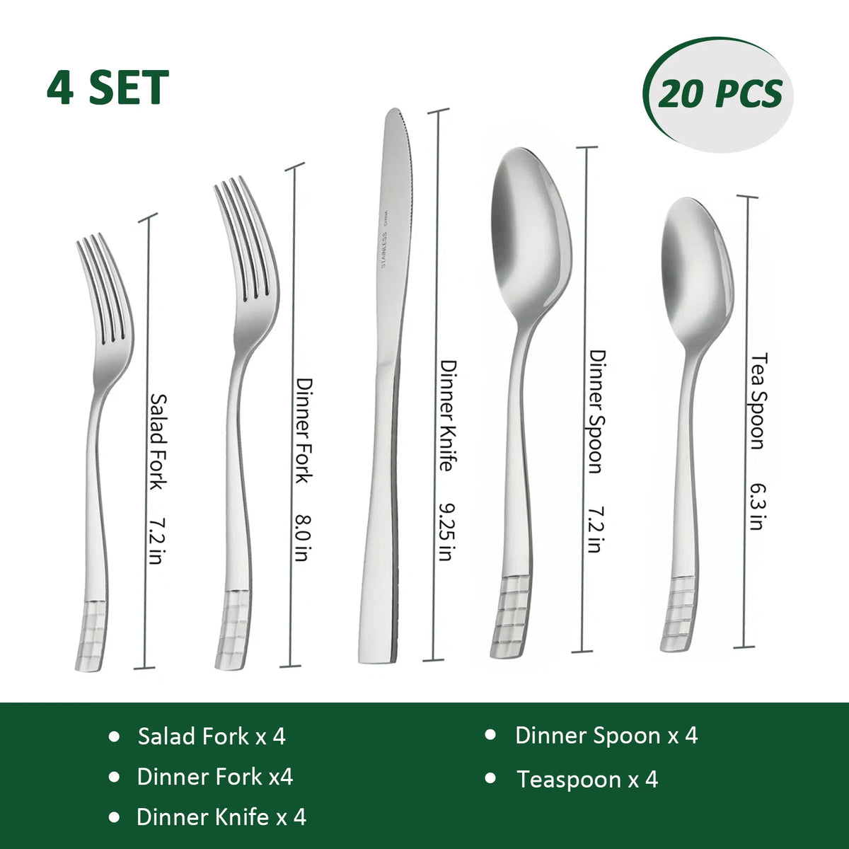 KitchenTrend Checkmate 20/40-Piece Mirror Polished Stainless Steel Flatware Set for 4/8, Dishwasher Safe, stainless steel flatware set with modern square-base handles