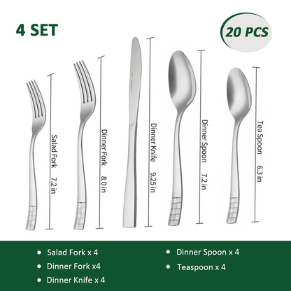 KitchenTrend Checkmate 20/40-Piece Mirror Polished Stainless Steel Flatware Set for 4/8, Dishwasher Safe, stainless steel flatware set with modern square-base handles