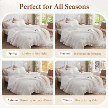 Lifestyle image of the White Ruffle Comforter Set on a bed with decorative pillows and throws, creating an airy bedroom vibe.