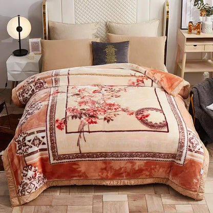 Korean Raschel 2-Ply Heavy Fleece Blanket, 78x90 Queen Size Reversible Geometric Plush Blanket displayed in burgundy with floral details; reversible geometric blanket for a warm bedroom.