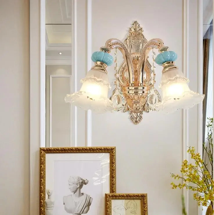 Frosted White Glass Tiffany Blue Floral Chandelier