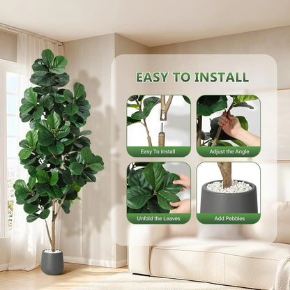 Side angle of the 7FT Realistic Faux Fiddle Leaf Fig Tree, emphasizing its height and the beautiful modern white planter.