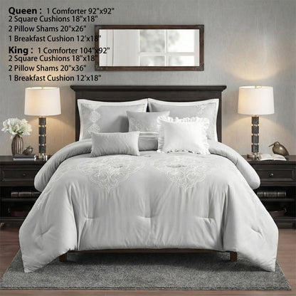 Pillows and shams included in the Queen King Microfiber 6-Piece Comforter Set, Silver Medallion.