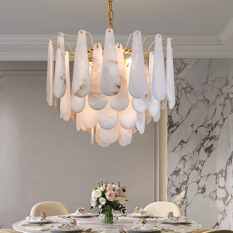 Elegant French-Style Marble Chandelier in a cozy dining room setting, a beautiful french style chandelier illuminating the space.