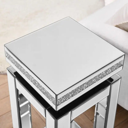 Modern Square 2-Tier Mirrored End Table w/ Crystals Inlay