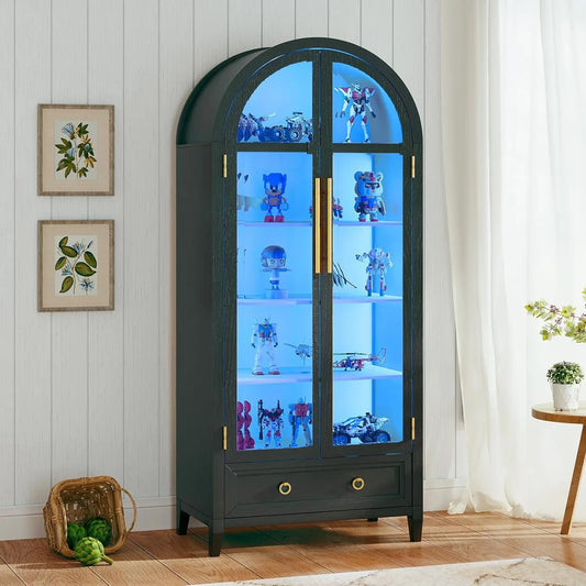 Arched 4-Tier Black Curio Cabinet w/Glass Doors & LED Lights
