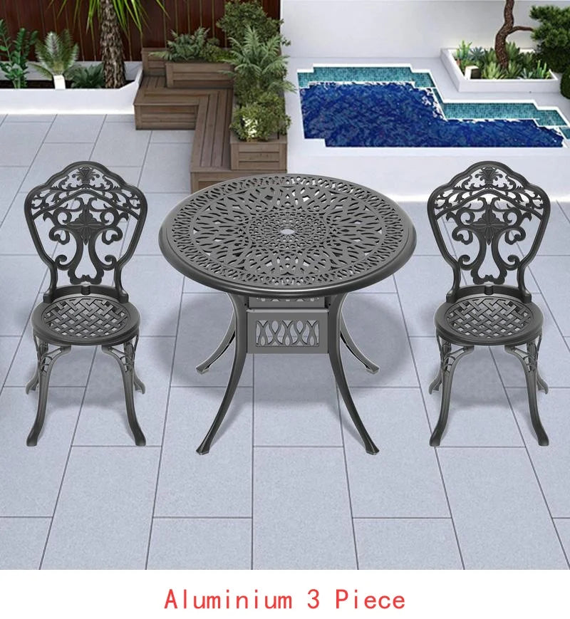   3 or 5-Piece All-Weather Black Cast Aluminum Patio Set w/Swivel Chairs & Cushions