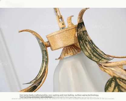 Detail shot of the Pastoral Floral Chandelier's ceramic rose accents, showcasing the artistry of this unique floral chandelier.