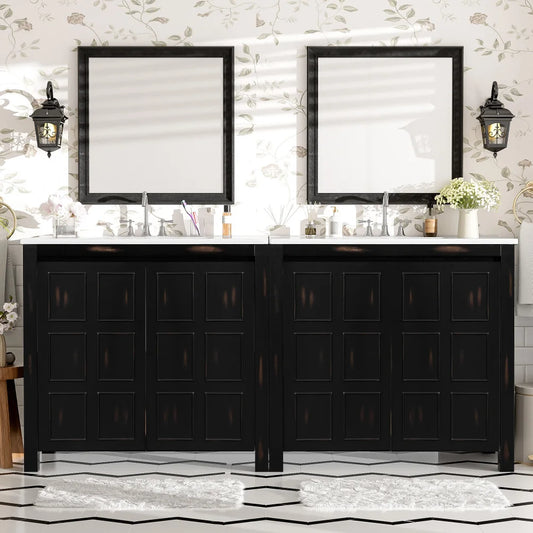 72" Bathroom Vanity Set with Double Vanities (Separate), Double Ceramic Sinks, Soft-Close Doors & Adjustable Shelf – Retro