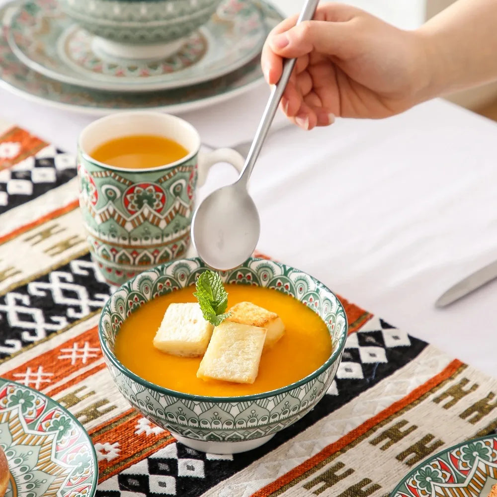Boho Style 16-Piece Porcelain Dinnerware Set w/Mandala Floral Pattern